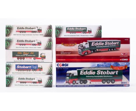 Corgi 1/50th scale. A boxed group of two Eddie Stobart trucks: CC 14030 and CC15802, together with six boxed 1/76th scale Edd