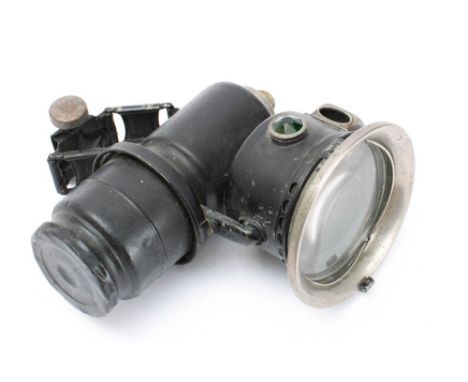 An early 20th century Lucas 'Galcia Club' bicycle lamp: overpainted black , fitted lenses and burner. 