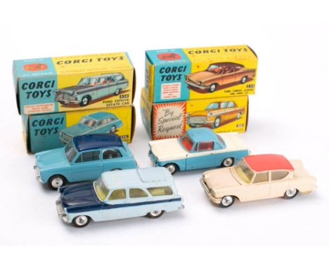 Corgi boxed group of four: 216 Austin A.40 Saloon, 231 Triumph Herald Coupe, 234 Ford Consul Classic Ford Consul 315 and 424 