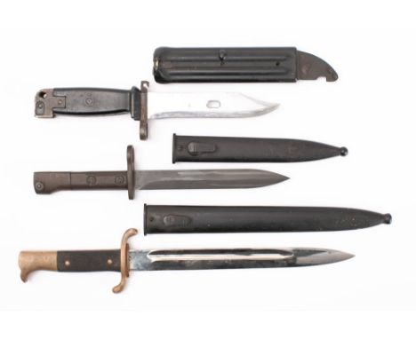 A K98 style dagger: the straight single edge blade with opposing quillons and two piece checkered grip in scabbard, together 