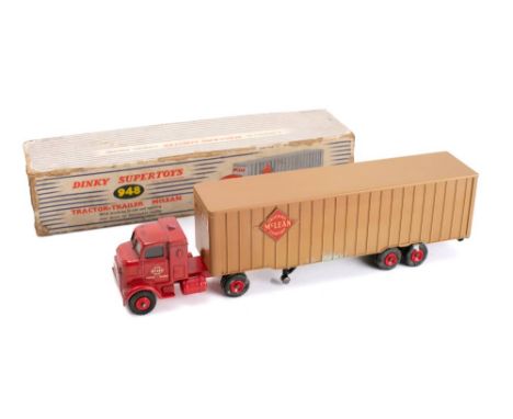 Dinky 948 Tractor-Trailer 'McLean': red cab, brown plastic trailer with decals, plastic hubs, treaded tyres in blue and white