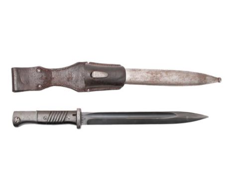 A WWII German S84/98 pattern bayonet, circa 1940: the straight single edge fullered darkened blade stamped 'P Wyersberg' and 
