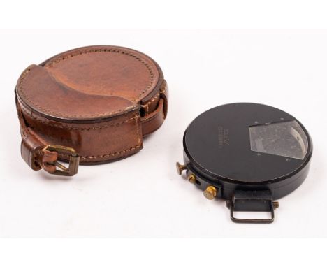 A MOD issue black lacquer pocket clinometer by F,B &amp; S Ltd, 1932: stamped as per title and with broad arrow mark in leath