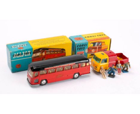 Corgi 1120 Midland Red Express Coach: red with black roof, yellow interior, spun hubs with treaded tyres and 465 Commer Pick 