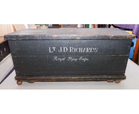 A WWI period overpainted trunk inscribed 'Lt. J D Richards Royal Flying Corp': on later castors, 44 x 93 x 39cm.