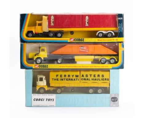 Corgi boxed group of lorries: 1102 Crane Fruehauf Bottom Dumper with Berliet cab unit in window box, 1106 Mack 'ACL' Containe