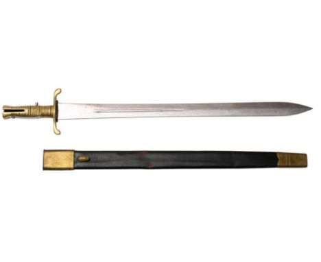 A British pattern 1837 Brunswick sword bayonet:, the straight double edged blade over a  cast gilt brass one piece hilt and r