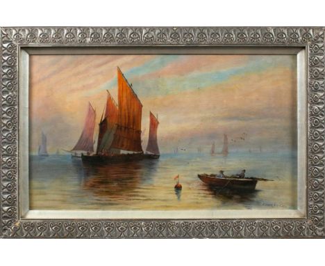 E. E. Vokes 19/20th Century-Shipping in a calm,:-signed, watercolour, 22 x 44cm, together with a similar oil painting by the 