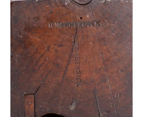 A late 18th century two man cornice plane:  stamped 'R Minhinnick' with Jowett steel blade and hole to toe for pulling rope, 