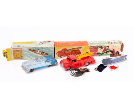 Penguin (International Model Aircraft Ltd) clockwork Fire Engine: red plastic body with yellow plastic turntable ladder, blac