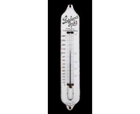 An enamel advertising thermometer for 'Stephens Inks' by Ralph &amp; Jordan, Bilston,: the  glass tube on a white ground with