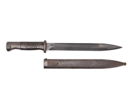 A WWII period German K98 bayonet: the blackened single edged fullered blade numbered '9314' and  code stamped  '42ddl' for Jo