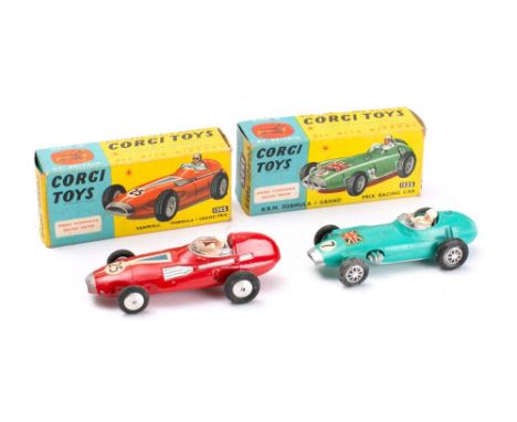Corgi. A boxed pair: 150S Vanwall Formula 1 Grand Prix, red, sliver with driver and spun hubs, and 152S BRM Formula 1 Grand P
