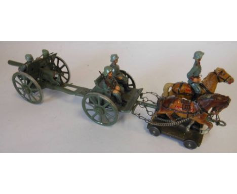 Lineol, a horse drawn artillery train: includes wheeled two horse trolley and rider, limber with two seated figures and canno