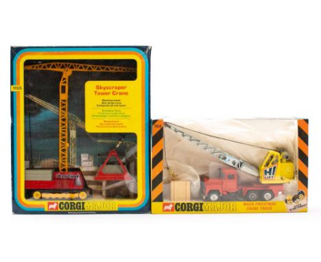 Corgi 1154 Mack-Priestman Crane Truck: red, black and yellow in window box, together with 1155 Skyscraper Tower Crane, red an