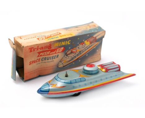 Tri-ang Minic Push and Go Space Cruiser: friction drive tinplate space vehicle, light blue with lithograph printed details, i