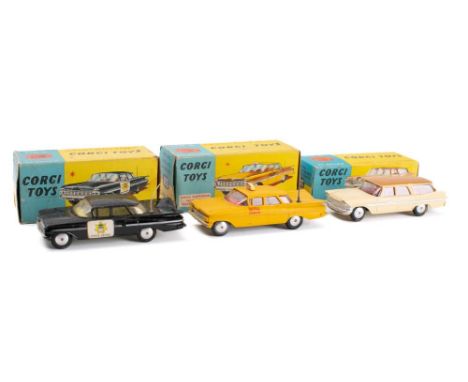 Corgi boxed group of three: 219 Plymouth Sports Suburban Station Wagon, Chevrolet New York Taxi cab and 223 Chevrolet 'State 