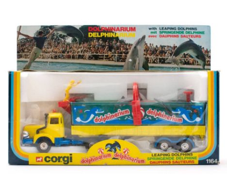 Corgi 1164 Berliet 'Dolpinarium' Truck and Trailer: blue and yellow with orange cab light, correct figure in a striped window