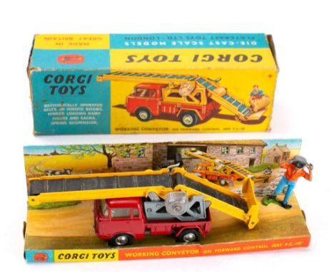 Corgi 64 Forward Control Jeep FC 150 with Working Conveyor: red, yellow and grey with spun hubs and treaded tyres with figure