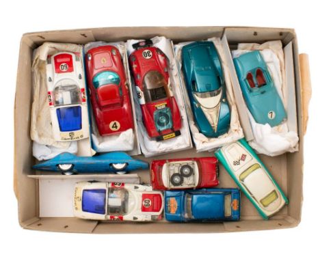 Corgi. An unboxed group of sports cars,: two Porsche Carrera 6, Ferrari Berlinetta 250 Le Mans, Ferrari 206 Dino Sport, Chevr