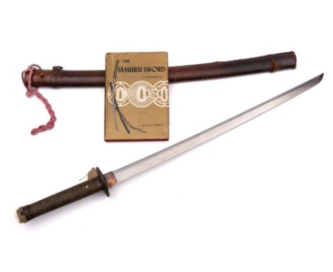 A Japanese Katana bearing the marks for Izumi no kami, Fujiwara Kunisada to tang: the blade with copper habaki and circular i