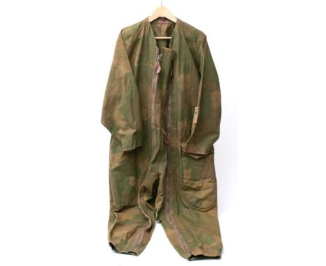 A rare WWII Special Operation Executive SOE Agents 'Striptease Suit' Jumpsuit: the hand screened camouflage heavy canvas suit