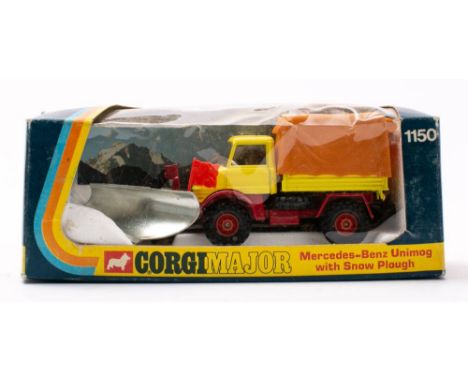 Corgi 1150 Mercedes-Benz Unimog with Snow Plough yellow and red with orange plastic canvas, silver blade and two flags in a s