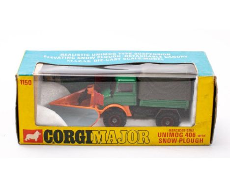 Corgi 1150 Mercedes-Benz Unimog 406 with Snow Plough (early version): green and orange with grey plastic canopy, maroon hubs,