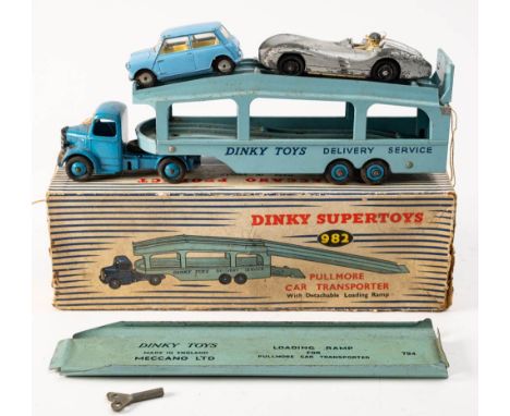 Dinky 982 Bedford Pullmore Car Transporter 'Dinky Toys Delivery Service': mid-blue cab with black trim, light blue articulate