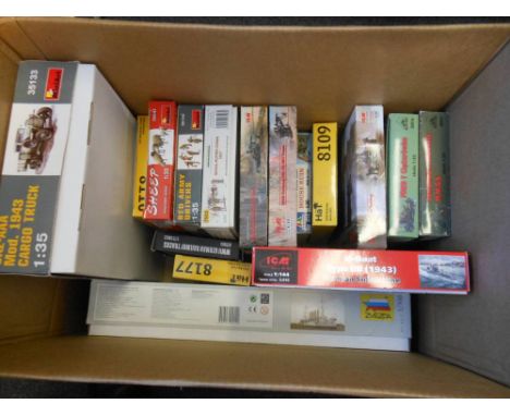 A collection of unmade 1/35th, 1/72nd and other plastic construction kits: includes, Cargo truck, Type IIB U-Boat, figures, a