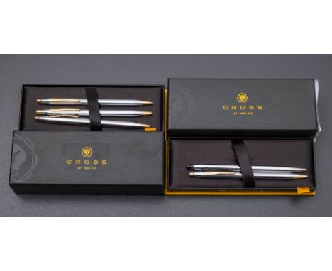 Three Cross plated ball pens, a click roller ball and a propelling pencil: (5) 