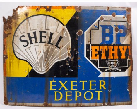 A mid 20th century enamel sign 'Shell. BP Ethyl. Exeter Depot':  122 x 162cm (damaged).*Notes- Possibly one section of a larg