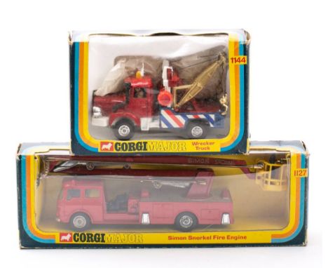 Corgi 1127 Simon Snorkel Fire Engine:  with yellow interior and correct figures in a striped window box, together with 1144 B