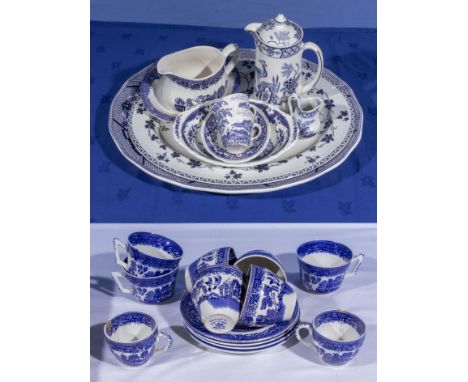 Blue and white transfer printed cups and saucers, ashets, sauce boat and dish, lidded jug and tea ware