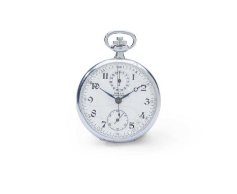 Rolex: A stainless steel pocket watch Snowite model, open face, keyless wind, unsigned movement, round white enamel dial with