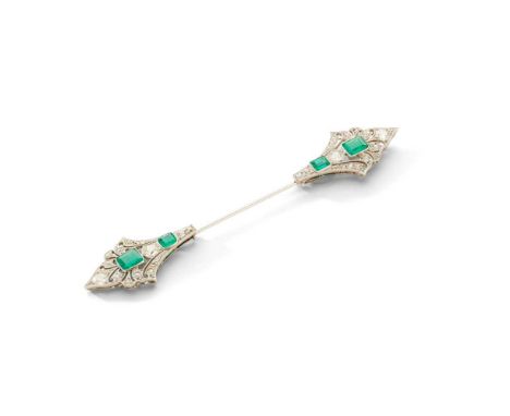 An early 20th century emerald and diamond jabot pin  Each tapered terminal, millegrain-set with two cut-cornered step-cut eme