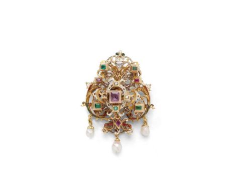 A 19th century Renaissance revival gem-set brooch/pendant  The pierced cartouche with enamel detail throughout, collet-set wi