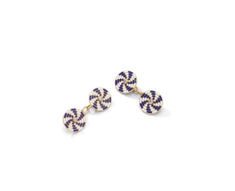 A pair of enamel and diamond cufflinks Double-sided: each disc terminal centrally-set with an old-cut diamond, within a blue 