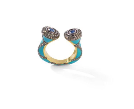 A gem-set dress ring Of torc design, the sky blue enamel band with rose-cut diamond lines, to circular terminals with cabocho