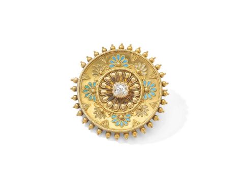 Carlo Giuliano: A diamond and enamel brooch, 1860s The circular plaque with beadwork border, decorated with filigree motifs a