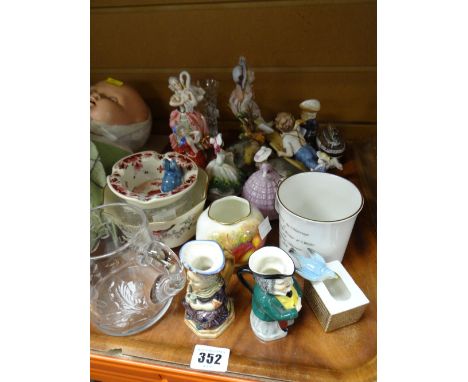 A parcel of figurines and china ornaments including Royal Worcester fruit decorated blush spill holder (damage), Royal Doulto