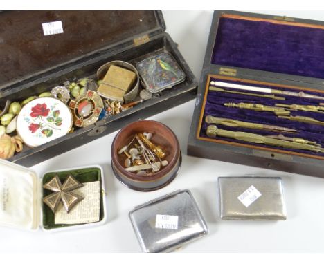 Vintage cased drawing set &amp; a glove box containing various items including cigarette cases, costume jewellery ETC Conditi