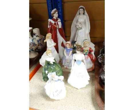 Two Royal Worcester Queen Elizabeth II figurines together with a parcel of seven Royal Doulton figurines Condition reports pr