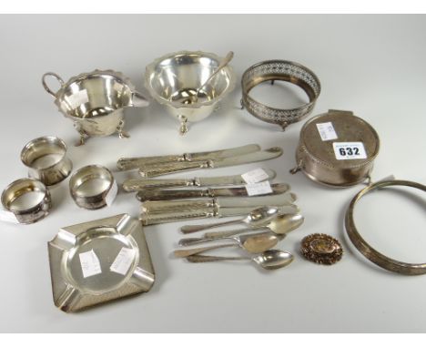 A parcel of silver including sugar basin, ring box, machine turned ash tray, tea knives ETC together with a yellow metal lock