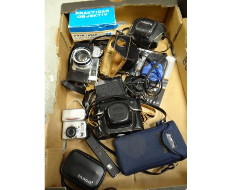 Box of approx. ten cameras, lenses, binoculars including a Minolta 7, Minolta Highmatic F camera ETC Condition reports provid