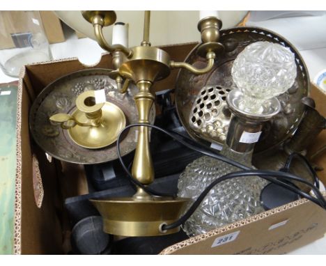 Box of mixed metalware including weighing scales, table lamp, decanter ETC Condition reports provided on request by email for