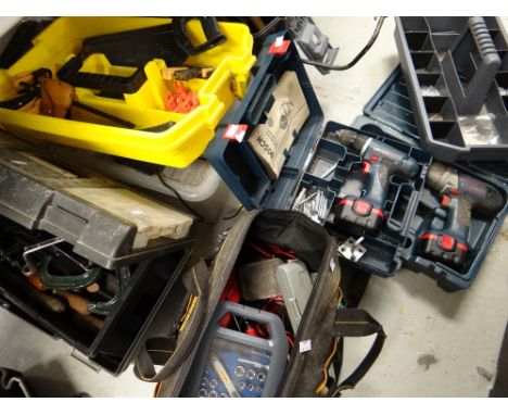 Quantity of assorted tools, socket sets, electric saw, Bosch cordless drill ETC Condition reports provided on request by emai