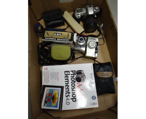 Box of approx. ten cameras, lenses and binoculars including a Photoshop software camera, Canon and Nikon zoom camera Conditio