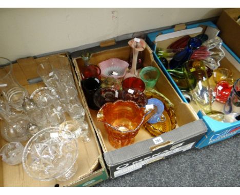 A box of cut glass, Edinburgh crystal tumblers ETC together with a box of coloured antique glass and a box of art glass (3 bo