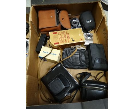 Box of approx. ten cameras including cameras, lenses, binoculars including an Olympus trip 35, Zenith camera with Helios lens